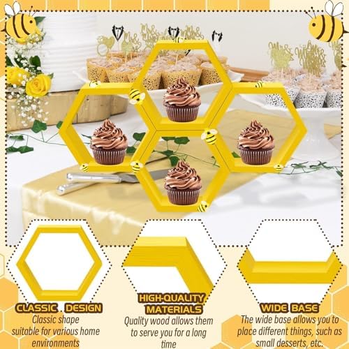 12 Pcs 4.13 Inch Honeycomb Cupcake Stand Cake Farmhouse Hexagon Display Holder Hexagonal Wood Cupcake Stand Floating Table Sign with Wooden Bee for Baby Shower Birthday Party Table Decorations - Image 4