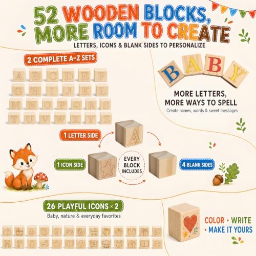 Baby Shower Games, 117-Piece Baby Blocks for Baby Shower with 52 Wooden ABC Blocks to Decorate, 24 Acrylic Markers, 40 Stencils and Game Sign, Woodland Gender Reveal Game for Boy or Girl - Image 2