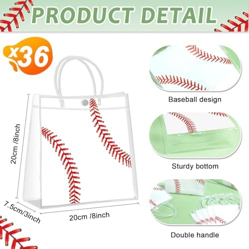 36Pcs Baseball Clear PVC Gift Bags With Handles Bulk Sport Theme Goodie Treat Candy Bags Rugby Team Present Wrap Tote Bag for Boys Birthday Party Favor Baby Shower Decorations Supplies 8 x 8 x 3in - Image 2