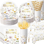 Funnymoom 452 Pcs Happy Retirement Supplies Tableware for 50 Guests, Wildflower Themed Retirement Paper Plates Napkins Cups Tablecloth Cutlery Straws for the Aged Women Say Goodbye Party Decoration by Funnymoom