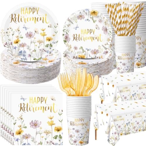 Funnymoom 452 Pcs Happy Retirement Supplies Tableware for 50 Guests, Wildflower Themed Retirement Paper Plates Napkins Cups Tablecloth Cutlery Straws for the Aged Women Say Goodbye Party Decoration by Funnymoom