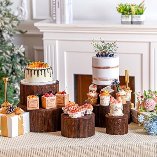 Domensi 6 Pcs Wood Display Risers Cupcake Stand Brown Rustic Wood Cake Stands Wooden Stackable Display Box for Dessert Wedding Birthday Baby Shower Christmas Village Party Decoration - Image 4