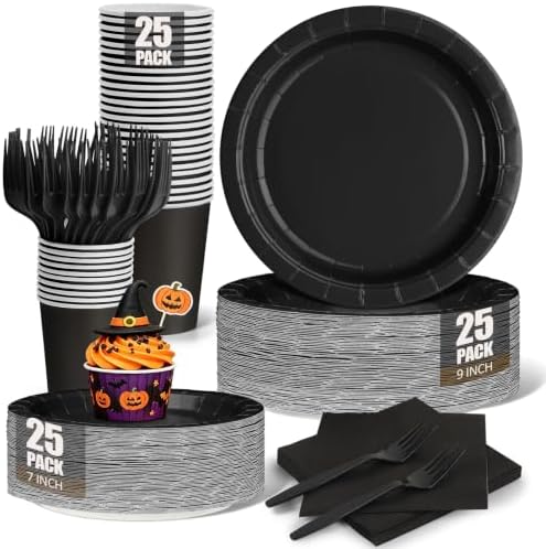 Black Paper Plates and Napkins, Disposable Black Party Plate Include 7&9INCH Plates Cups Napkins Forks Party Supplies for Halloween, Father‘s Day, Graduations, Retirement, Birthday, for 25 Guests by CENLBJ