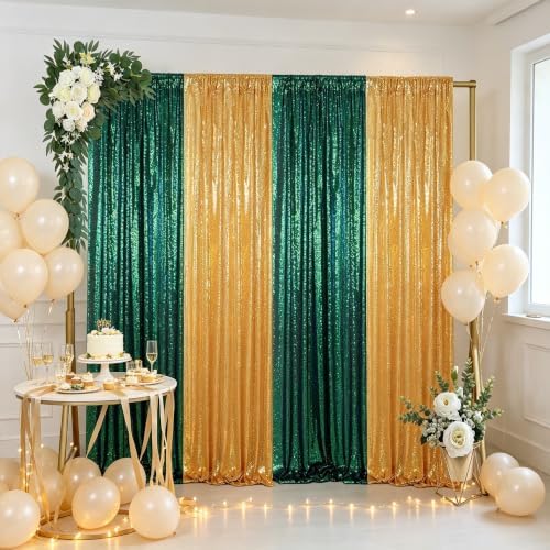 ShinyBeauty Gold Sequin Backdrop Curtain 4 Panels Iridescent Green - Image 2