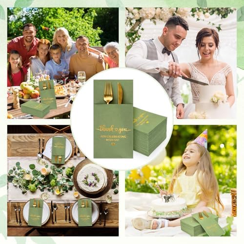 FYSUIMU 100 Pcs Wedding Linen Feel Napkins Sage Green Gold Foil Pocket Disposable Flatware Airlaid Paper Napkin Prefolded Dinner Guest Hand Towel For Wedding Engagement Bridal Baby Shower Party Decor - Image 7