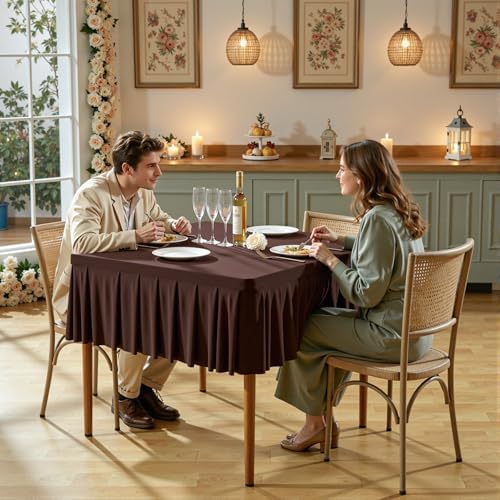 2 Pack Chocolate Spandex Tablecloths for 34x34 Inch Square Tables, Stretch Fitted Table Clothes with Pleated Ruffle Skirt for 34” Table, Wrinkle Free and Elastic, for Party Kitchen Home Dining - Image 2