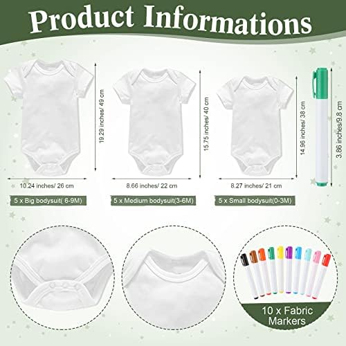 Handepo 26 Pcs Baby Shower Games DIY Bodysuit Set 1 Wooden Sign 15 White Bodysuits 10 Fabric Markers for Birth Decorating Kit(Green Leaves) - Image 3