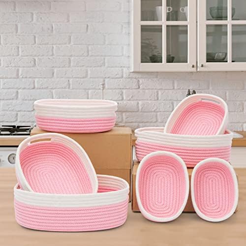 7 Piece Cotton Rope Woven Basket Set - Small Basket for Baby Nursery, Pets, Montessori, Dog & Cat Toy Boxes, Bathroom Organization Bins (White/Pink) - Image 4