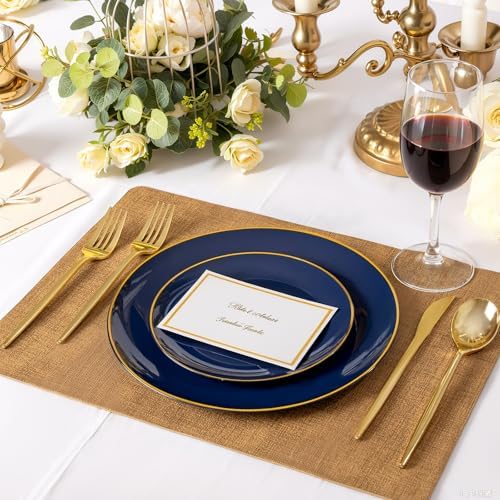 bUCLA 100PCS Blue Plastic Plates - Navy Blue Disposable with Gold Rim, Include 50 Each (10 inch Dinner & 7 inch Dessert) Plates, Ideal for Party & Labor Day - Image 3