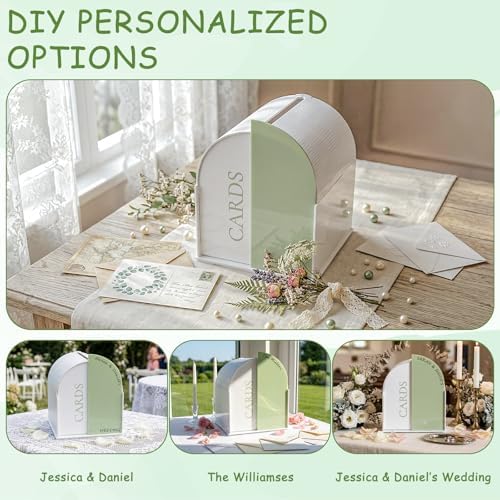 OurWarm White Arched Wedding Card Boxes for Reception, Acrylic Card Box with Writable Green Standee & Erasable Pen, Large Cards Box for Wedding Reception Party Birthday Graduation Baby Shower Decor - Image 5