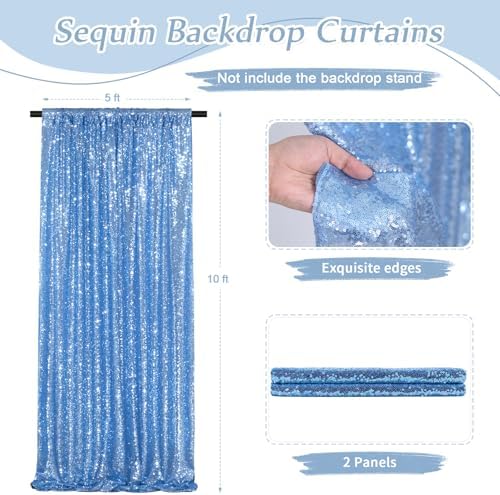 Baby Blue Glitter Sequin Backdrop Curtains 2 Pcs 5FTx10FT Baby Shower Party Backdrop for Boy Gorgeous Photography Fabric Drapes - Image 3