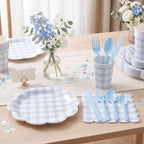 350 PCS Light Blue Gingham Disposable Dinnerware Set, Decagonal Paper Plates 7 & 9 Inch, Napkins, Cups & Cutlery, Checkered Party Supplies for Baby Shower Easter Picnic Wedding - Image 7