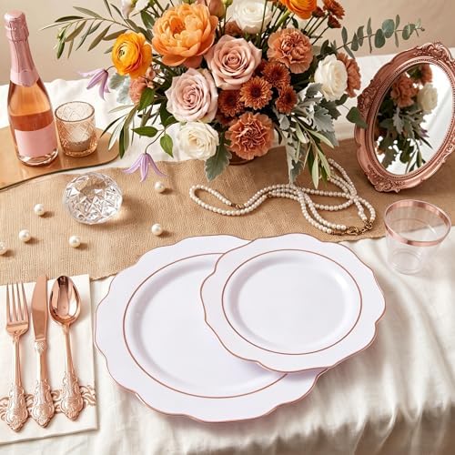 NOCCUR 175PCS Rose Gold Plastic Plates with Disposable Silverware - Include 25Dinner Plates, 25Dessert Plates, 25Forks, 25Knives, 25Spoons, 25Cups, 25Napkins for Party/Wedding/Birthday/Graduation - Image 6
