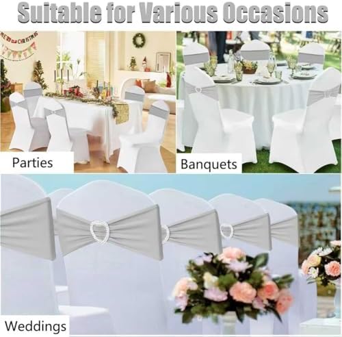 Silver Grey Chair Sashes 50 Pack Spandex Grey Sashes for Chairs Covers Universal Stretch Chair Sashes Band with Heart Buckle Slider for Wedding Banquet Party Decorations - Image 7