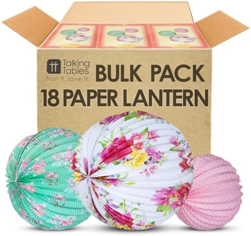 Talking Tables 18 x Hanging Tea Decorations Truly Scrumptious Floral Paper Lanterns for Birthday Party, Baby Shower, Wedding or Anniversary, 3 Sizes Bulk Pack Eco Packaging by TalkingTables