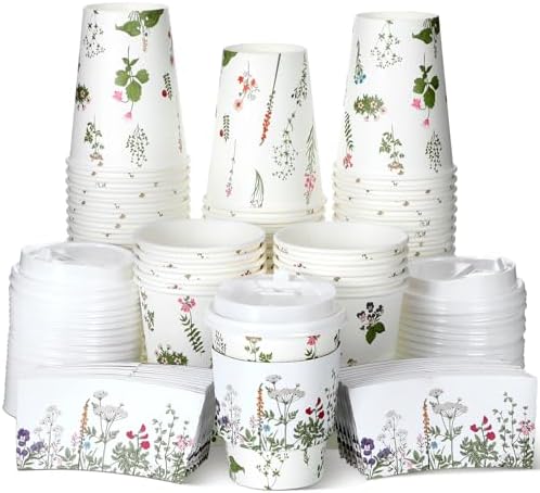 Vesici 60pcs 14oz Wildflower Botanical Coffee Cups with Lids and Sleeves Cute Toilet Floral Herb Disposable Coffee Cups Cocoa to Go Paper Cup for Summer Birthday Wedding Bridal Shower Party Supplies by Vesici
