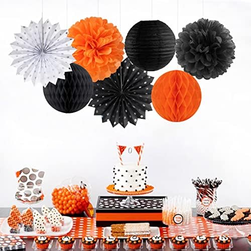 Black Orange White Halloween Party-Decorations - Paper Lanterns Fan,Tissue Flower Pom Poms Streamers,Honeycomb Balls,Graduation 2025 Birthday Wedding Baby Bridal Shower Decor Lasting Surprise - Image 4