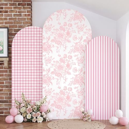 SiliFine Set of 3 Pink Chinoiserie Floral Arch Cover 4ft 5ft 6ft Gingham Stretchy Backdrop Covers Striped Backdrop Cover for Wedding Birthday Party Bridal Shower Baby Shower Celebration - Image 6