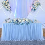 108in Baby Blue Tulle Table Skirts for Rectangle Tables 6/8/4ft, 2-Layer Gold Grim Ruffle Tulle Tutu Blue Cloth Table Skirt 9ft Decor Boy Birthday Party Baby Shower Cake Dessert Tables(No Table Cover) - Image 3