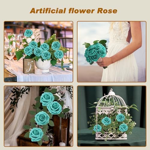 100PCS Dark Turquoise Artificial Flowers Realistic Roses, Real Looking Fake Roses with Stem for DIY Wedding Bouquets Centerpieces Bridal Shower Party Home Romantic Decorations (Dark Turquoise, 100pcs) - Image 3