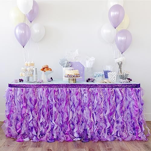 Sequined Purple Table Skirt 9ft. Double Organza, Two Trims Party Tutu Table Skirt! Unicorn Birthday Decorations for Girls, Baby Shower Decorations, Table Skirts for Rectangle Tables 9ft by BluekateParty