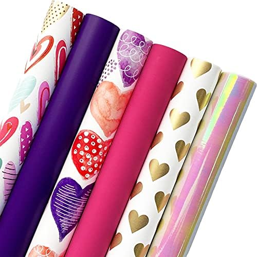 Jillson & Roberts All Occasion Love Wrapping Paper Roll Bundle - Purple, Magenta, Iridescent, White, Red & Gold ( 12.5 sq ft per roll, 75 Total Sq Ft) for Birthdays, Weddings, Valentine's Day, Graduations & Bridal Showers, 6 Pack by JILLSONROBERTS