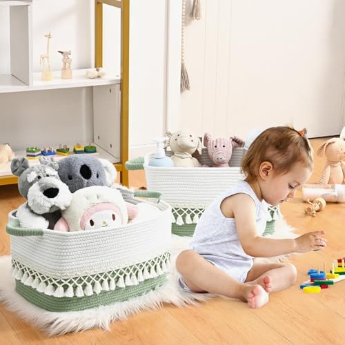 2 Pack Storage Basket, Heavy Tassel Woven Baskets for Storage, Boho Cotton Rope Storage Bin, Cube Organizer Bins, Baby Laundry Basket for Clothes, Toys, Diapers, Pets（White & Green） - Image 2