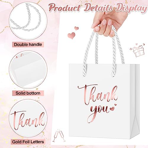 Honoson 60 Pcs Mini Thank You Gift Bag with Handle Bulk,Rose Gold and White - Image 3