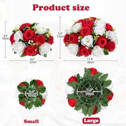 Briful Fake Floral Balls for Centerpieces - 2PCS 11.8" Large Faux Rose Flower Arrangement Silk Flower Bouquet for Home Wedding Party Anniversary Table Vase Flower Stand Decor(Red White) - Image 2