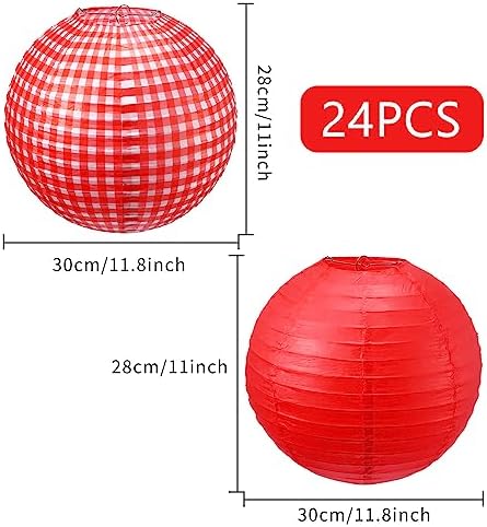 Blulu 24 Pcs Picnic Party Decorations Red Paper Lanterns Checkered Round - Image 3