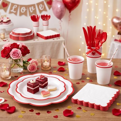 350 Pcs Red Rim Paper Plates and Napkins Party Supplies - Image 5