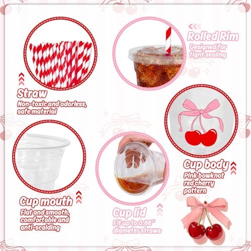 Whaline 50Pcs Cherry Bow Disposable Plastic Cups with Lids and Straws 12Oz Red Pink Cherry Bowknot Cold Beverage Drinking Cups for Wedding Birthday Baby Shower Party Supplies - Image 3