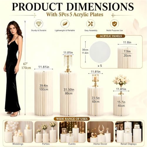 Cylinder Stands for Party 5Pcs Round Pedestal Stand Foldable Cardboard Columns Cylinder Tables for Parties Baby Shower Birthday Wedding Pillars Display Decoration (White,5PCS) - Image 3