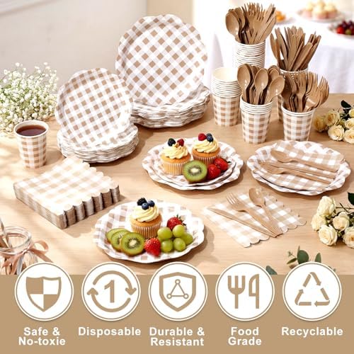 Funnymoom 400 Pcs Gingham Party Supplies for 50 Guests Khaki and White Paper Plates and Napkins Knives Spoons Forks Cups Disposable Checkered Dinner Party Set Cutlery for Baby Shower Wedding Favor - Image 4