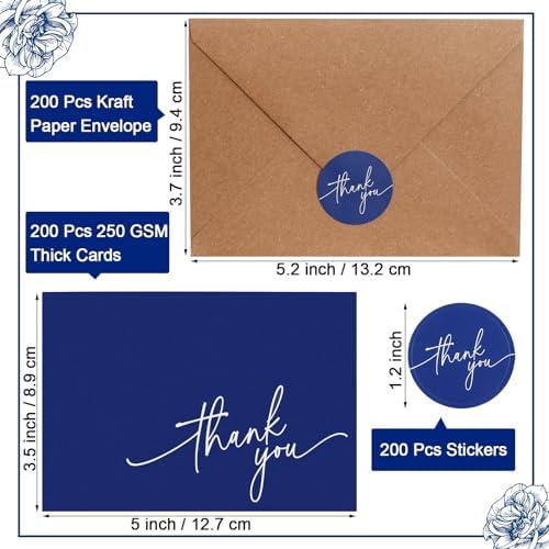 Gueevin 200 Pcs Thank You Cards with Envelopes Stickers, 3.5x5", Navy Blue - Image 2