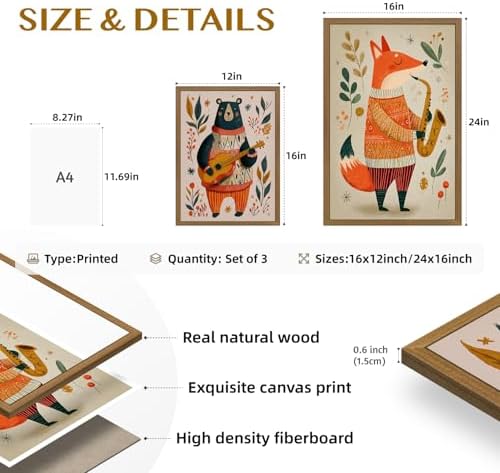 PORENY Woodland Animal Band Nursery Wall Art Set of 3, Fox Bear Giraffe Music Band Poster Print, Cute Forest Animal Kids Room Decor, Scandinavian Nursery Artwork for Playroom Wood Framed 16x24 Inch - Image 7