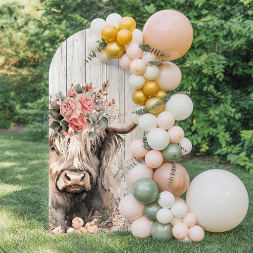 Highland Cows Arch Backdrop Cover 7.2 FT, Abstract Animal Pink Flower Brown Wood Grain Wedding Arch Cover Stretchy Backdrop Stands Covers for Birthday Party Ceremony Banquet Decor by Unknown