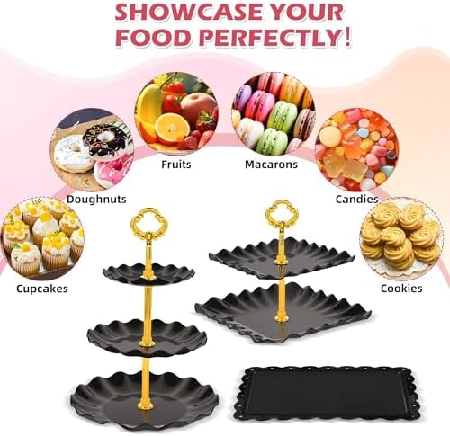 12-Pack Dessert Table Display Set, 6 Cupcake Stands and 6 Dessert Trays, Plastic Dessert Display Stands and Cake Stand, Treat Table Displays Set for Wedding, Baby Shower, Tea Party (Black) - Image 6