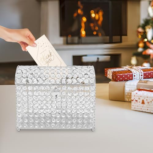 Crystal Wedding Card Box with Heart Lock Wedding Money Box Treasure Chest Silver Bead Card Receiving Memory Storage for Wedding Reception Birthday Graduation Baby Shower Party (Silver) - Image 5