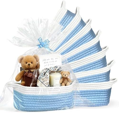 8 Pack Small Woven Baskets with Gift Bags & Ribbons & Cards, Cotton Rope Durable Storage with Handles 12"x8"x5" Empty Gift Baskets for Mother's Day, Baby Showers, Birthdays & Raffle (Blue) by Succwoah