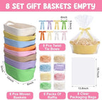 Hoolerry 8 Set Small Woven Gift Basket Empty with Bag Bow Raffia Pastel Cotton Rope Storage Box with Handle for Toy Storage Nursery Shelf Organizing Baby Shower Birthday Gift Basket, 12"x 8" x 5" - Image 3