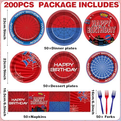 200PCS Spider Birthday Party Supplies Super Theme Paper Plates and Napkins Spider Web Disposable Tableware Set Red and Blue Hero Plates for Birthdays Baby Shower Movie Fans Party Decorations - Image 2