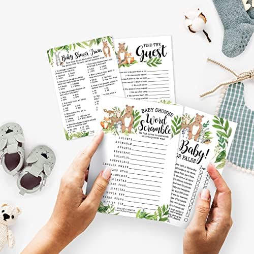 Hadley Designs 25 Woodland Word Scramble for Baby Shower, 25 True Or False Game, 25 Trivia Game, 25 Find The Guest - 4 Double Sided Cards Baby Shower Ideas, Gender Reveal Games Baby Shower Games - Image 2