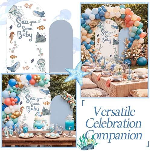 Moukeren Sea You Soon Baby Arch Backdrop Cover 6ft and 7.2ft for Ocean Animals Themed Baby Shower Party Gender Reveal Birthday Party Banquet Photo Arches Background Decorations - Image 4