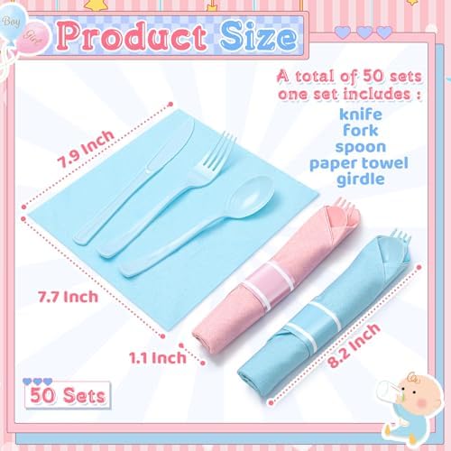 Lasnten 50 Sets Pre-rolled Gender Reveal Cutlery Set with Napkin - Image 3