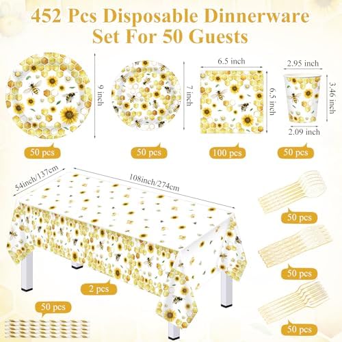 LemonRoad 452 Pcs 50 Guests Bee Paper Plates Cups Napkins Party Supplies Tablecloth Cutlery Straws Disposable Tableware Set for What Will Baby Bee Gender Reveal First Birthday Bridal Shower Decoration - Image 3