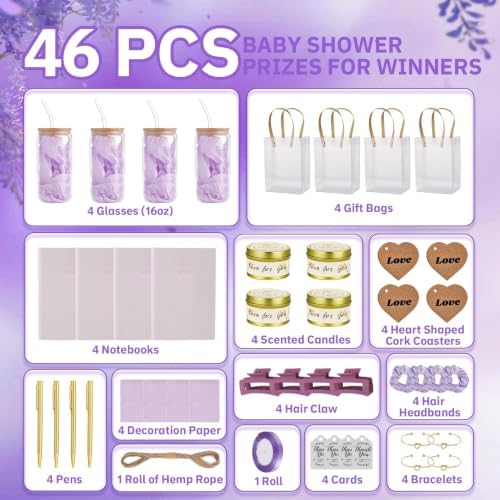 46Pcs Baby Shower Prizes for Game Winners Gifts Wedding Bridal Shower Gifts Including Glass Cans Notebooks Soy Candles Hair Clips for Baby Shower Wedding Bridal Shower Game Prizes (Purple, 4 Sets) - Image 3