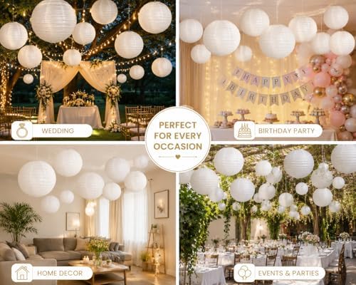 White Paper Lanterns Decoration Set of 25 – Hanging Chinese Lanterns for Wedding, Birthday, Baby Shower, Bridal Shower, Christmas, Party & Home Decor – 6, 8, 10, 12 & 14 Inch Combo Pack - Image 4
