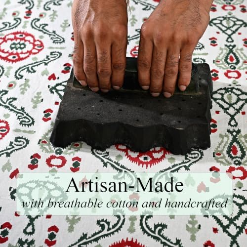 Ridhi Evergreen Ikat and Red Hand Block Print Cotton Rectangle Tablecloth 60x102 inch Reusable Table Cover Decorative Everyday Use for Dining Room, Farmhouse, Home Gift for Spring, Summer - Image 3