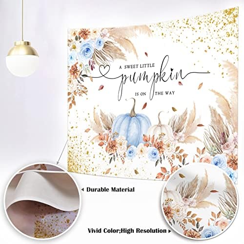 Mocsicka Pumpkin Backdrop for Girl Boy Autumn Fall Baby Shower Party Decorations Boho Blush Floral A Little Pumpkin is On The Way Baby Shower Cake Table Banner (Blue, 10x8ft(120''x96'')) - Image 6